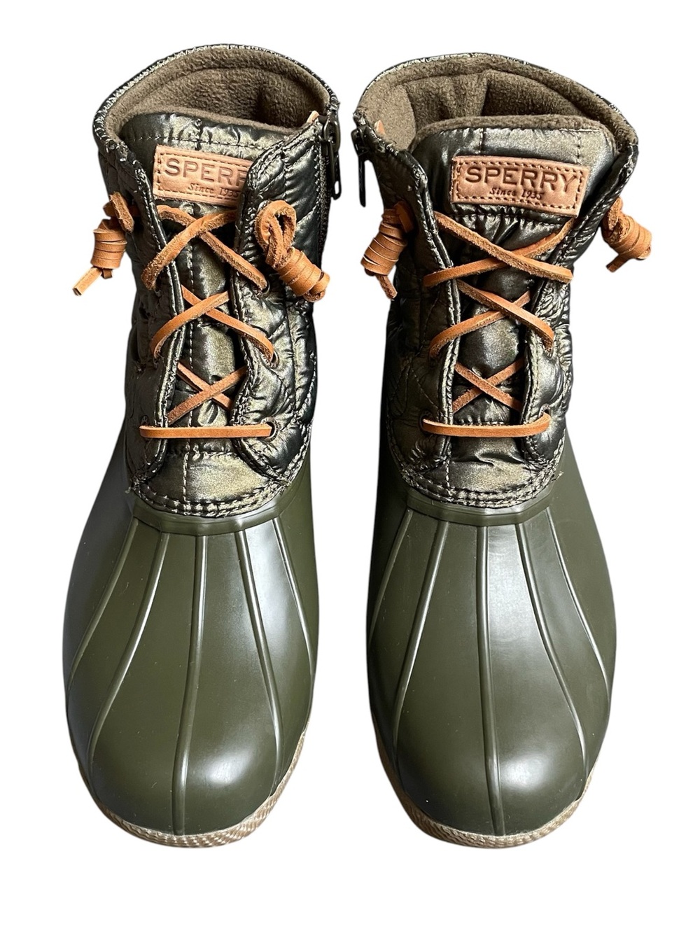 Sperry Saltwater Quilted Duck Boots Womens 10 Olive Waterproof STS80753